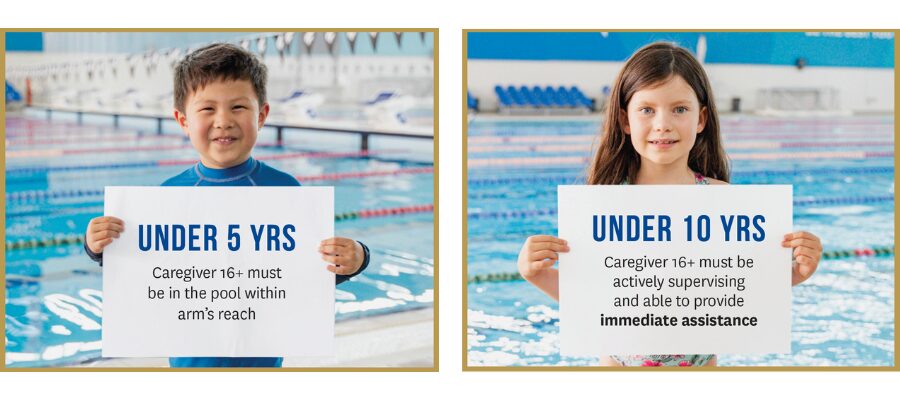 A child under 5 and a child under 10 holding signs indicating where their caregiver must be while the child is in the pool