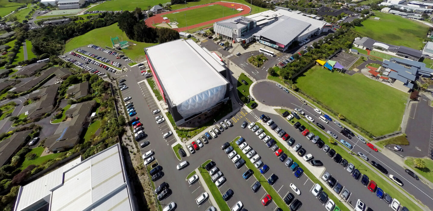 Aerial photo of the AUT Millennium carpark and facilities.