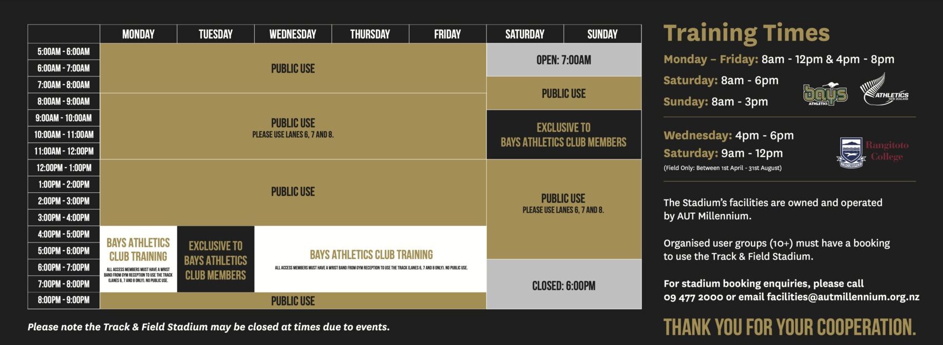 Track & Field Stadium Opening Hours