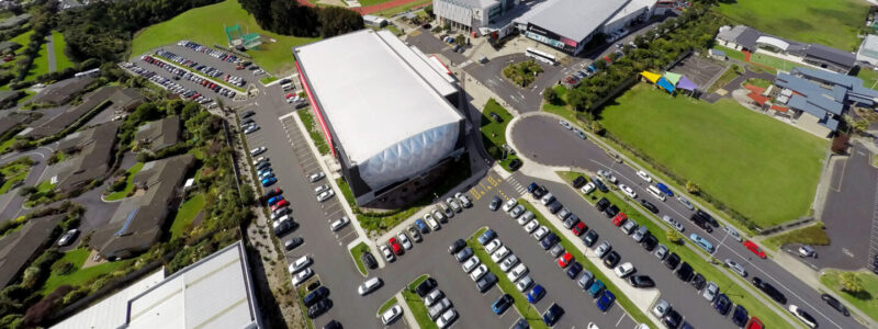 Aerial photo of the AUT Millennium carpark and facilities.