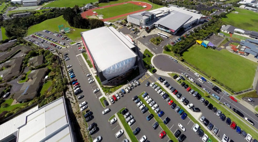 Aerial photo of the AUT Millennium carpark and facilities.